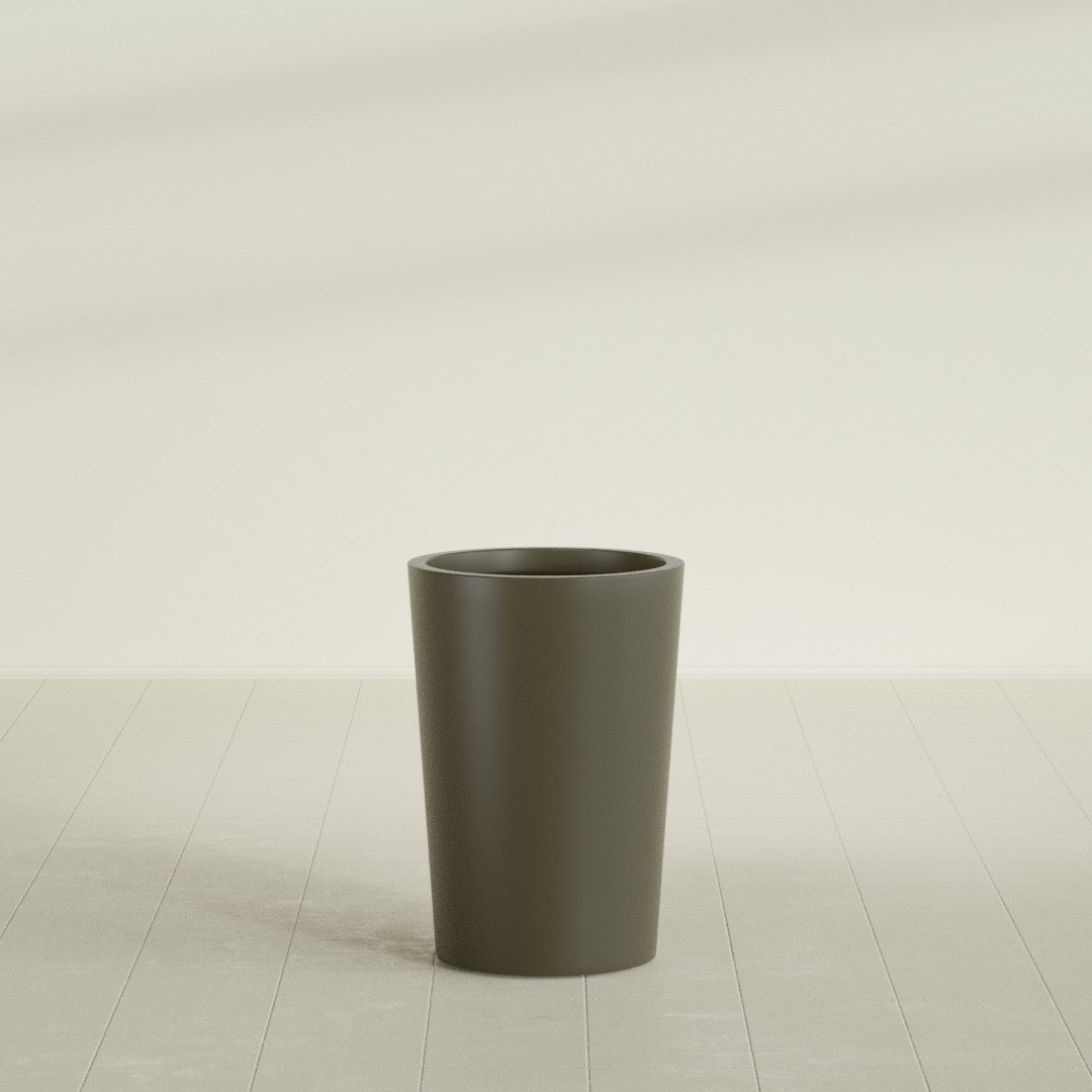 Tegel Round Tapered Planter in Matte Bronze, 18"D × 26"H, shown empty