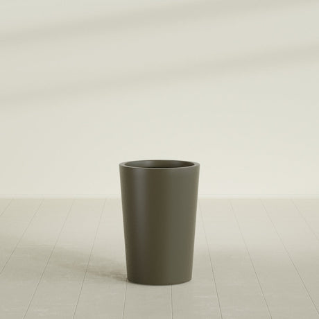 Tegel Round Tapered Planter in Matte Bronze, 18"D × 26"H, shown empty