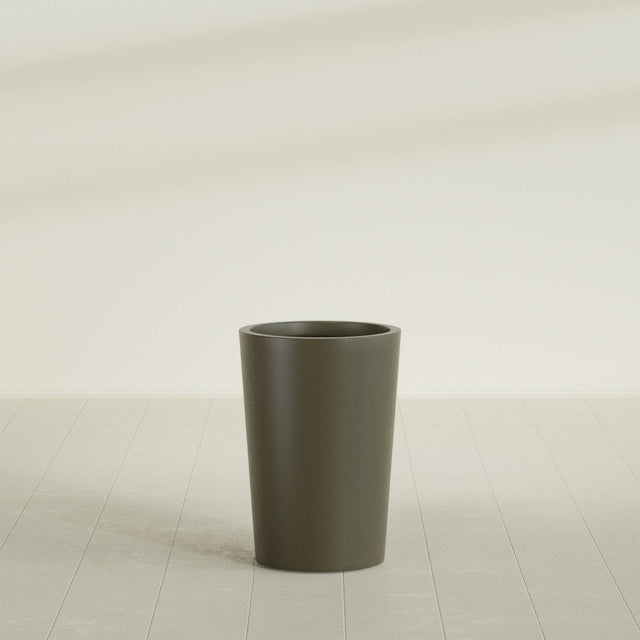 Tegel Round Tapered Planter in Matte Bronze, 18"D × 26"H, shown empty