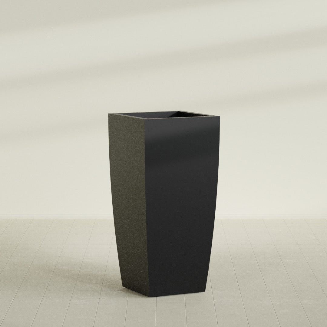 Toulan Tapered Square Planter in Matte Black, 28"W × 60"H, shown empty
