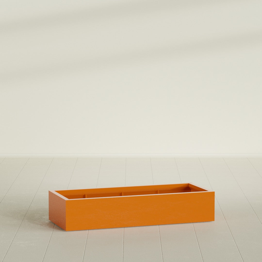 Antwerp Rectangular Planter in Gloss Tangerine, 60"L × 24"D × 12"H, shown empty