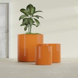 Rio Grande Cylinder fiberglass planter in Gloss Tangerine, size range, in a sunlit interior