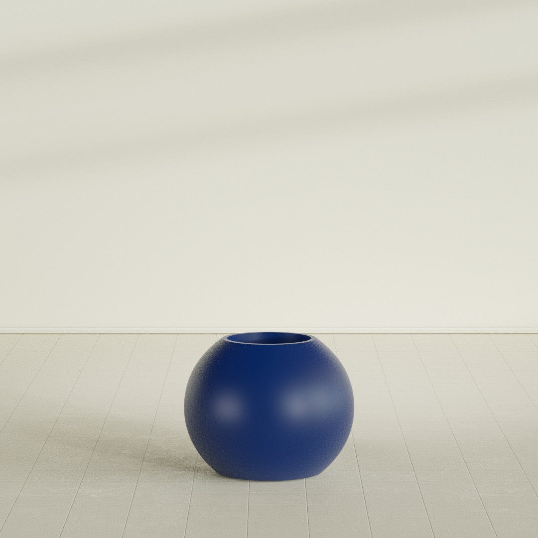 Globe Planter in Matte Cobalt Blue, 24"D × 19"H, shown empty
