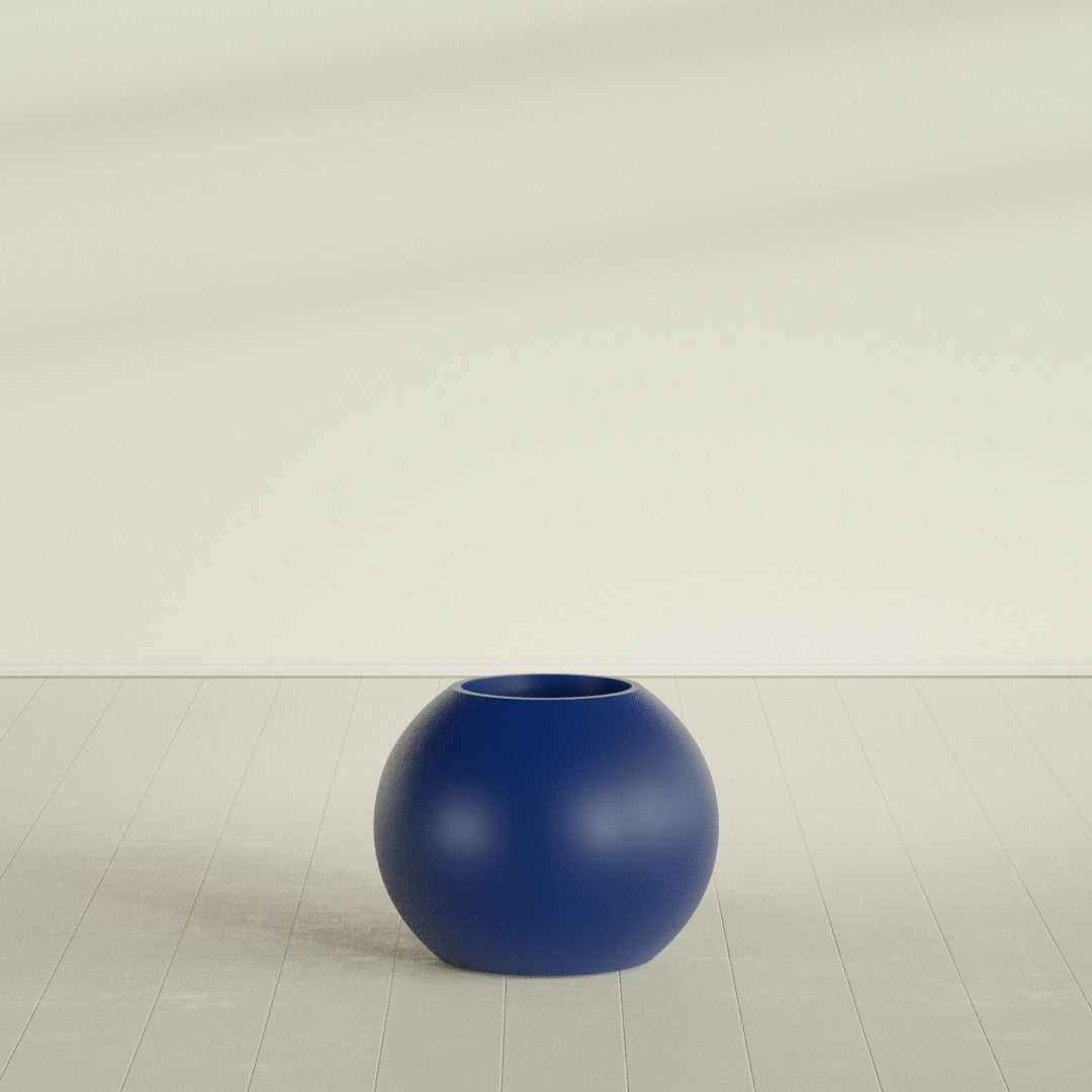 Globe Planter in Matte Cobalt Blue, 24"D × 19"H, shown empty