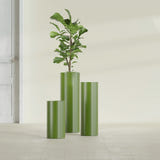 Corry Cylinder fiberglass planter in Satin Green, size range, in a sunlit interior