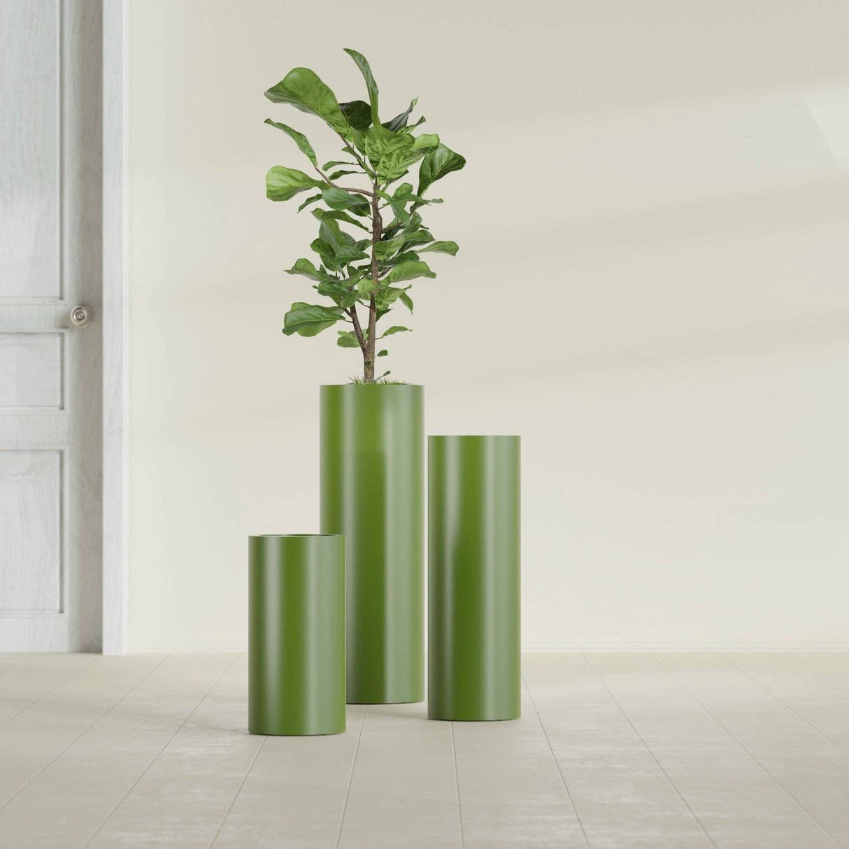 Corry Cylinder fiberglass planter in Satin Green, size range, in a sunlit interior