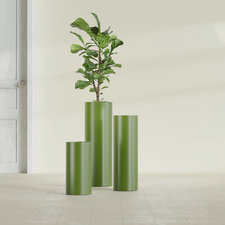 Corry Cylinder fiberglass planter in Satin Green, size range, in a sunlit interior