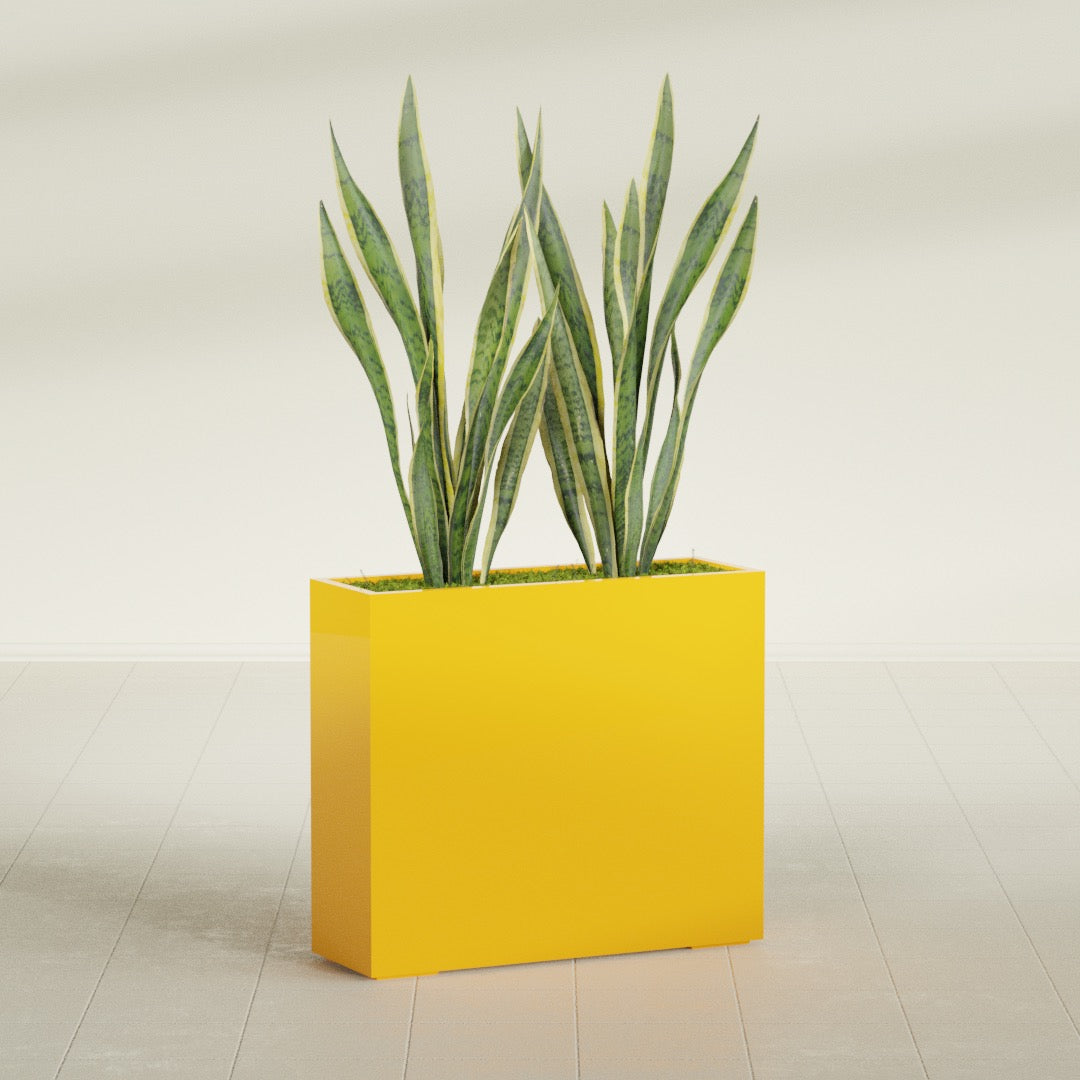 Perth Corner fiberglass planter in Gloss Saffron, planted, in a sunlit room