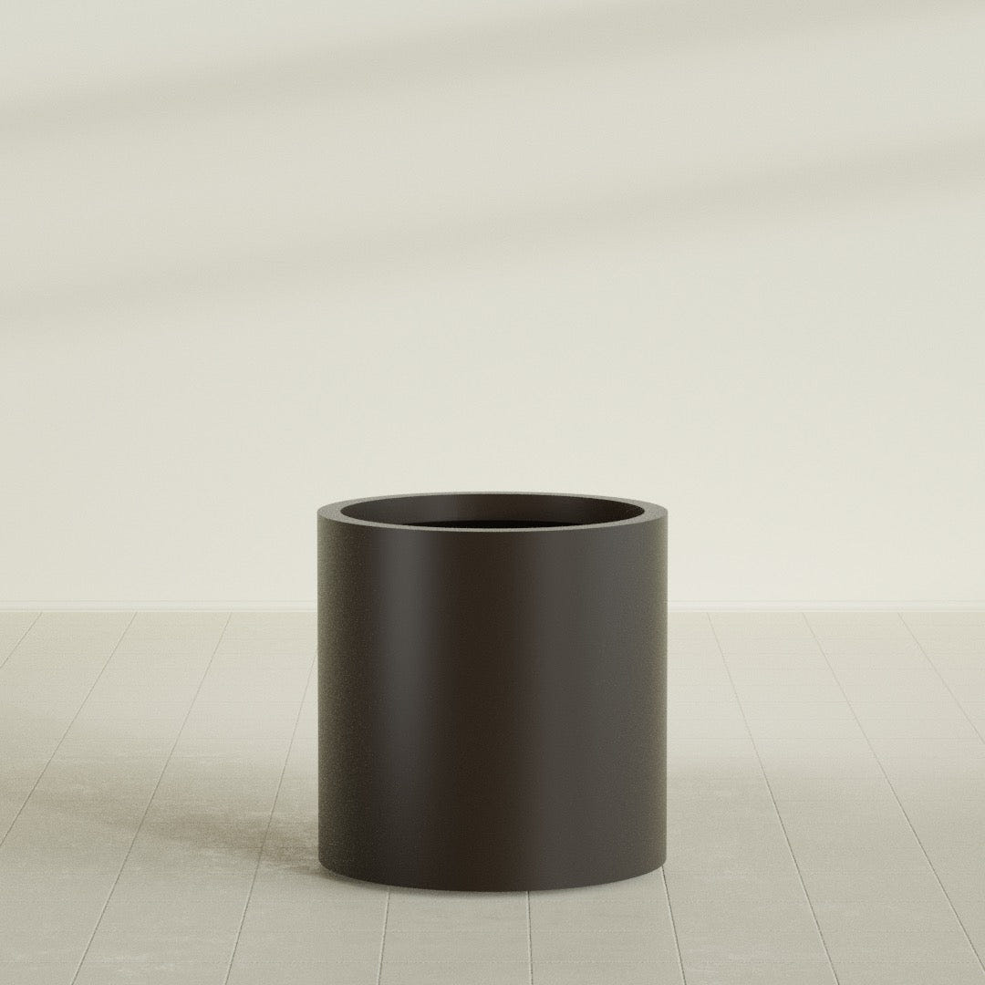 Rio Grande Cylinder Planter in Matte Dark Brown, 22"D × 22"H, shown empty