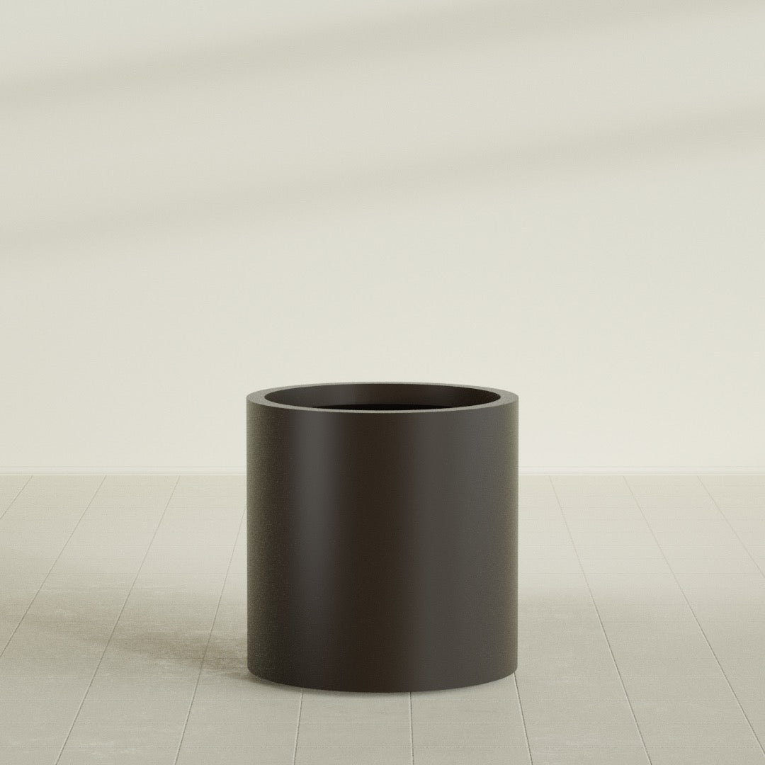 Rio Grande Cylinder Planter in Matte Dark Brown, 22"D × 22"H, shown empty
