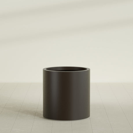 Rio Grande Cylinder Planter in Matte Dark Brown, 22"D × 22"H, shown empty