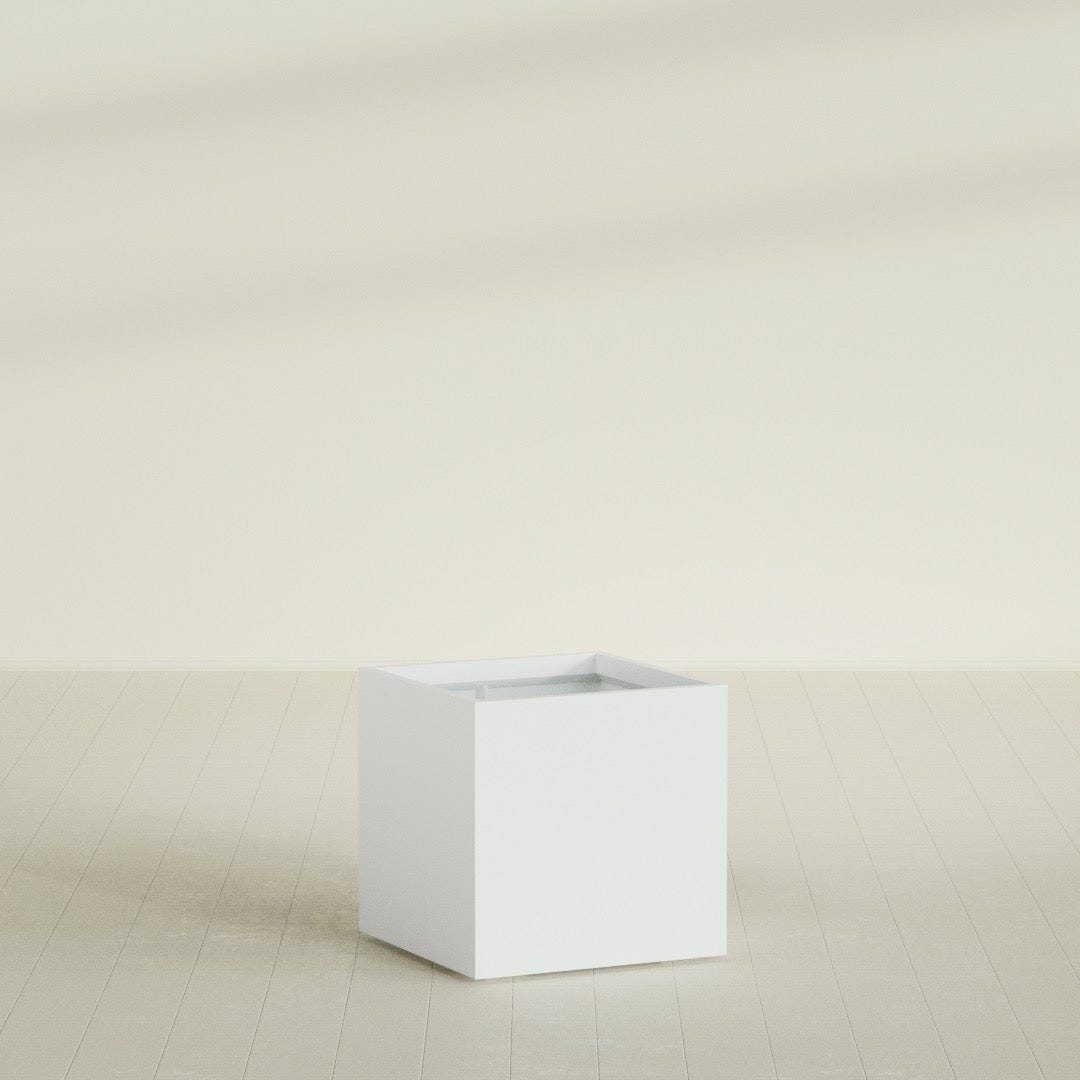 Montroy Cube Planter in Matte Bright White, 32", shown empty