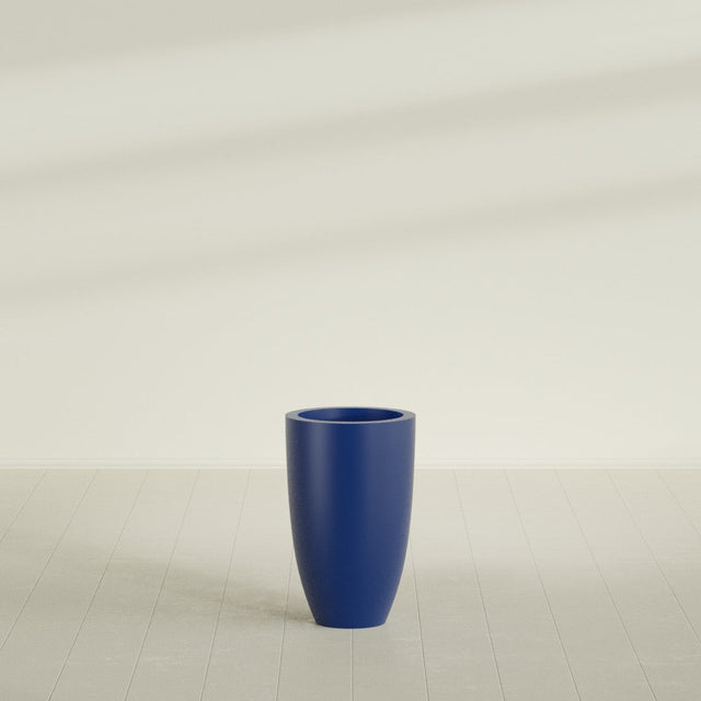 Brannan Tapered Round Planter in Matte Cobalt Blue, 18"D × 29"H, shown empty