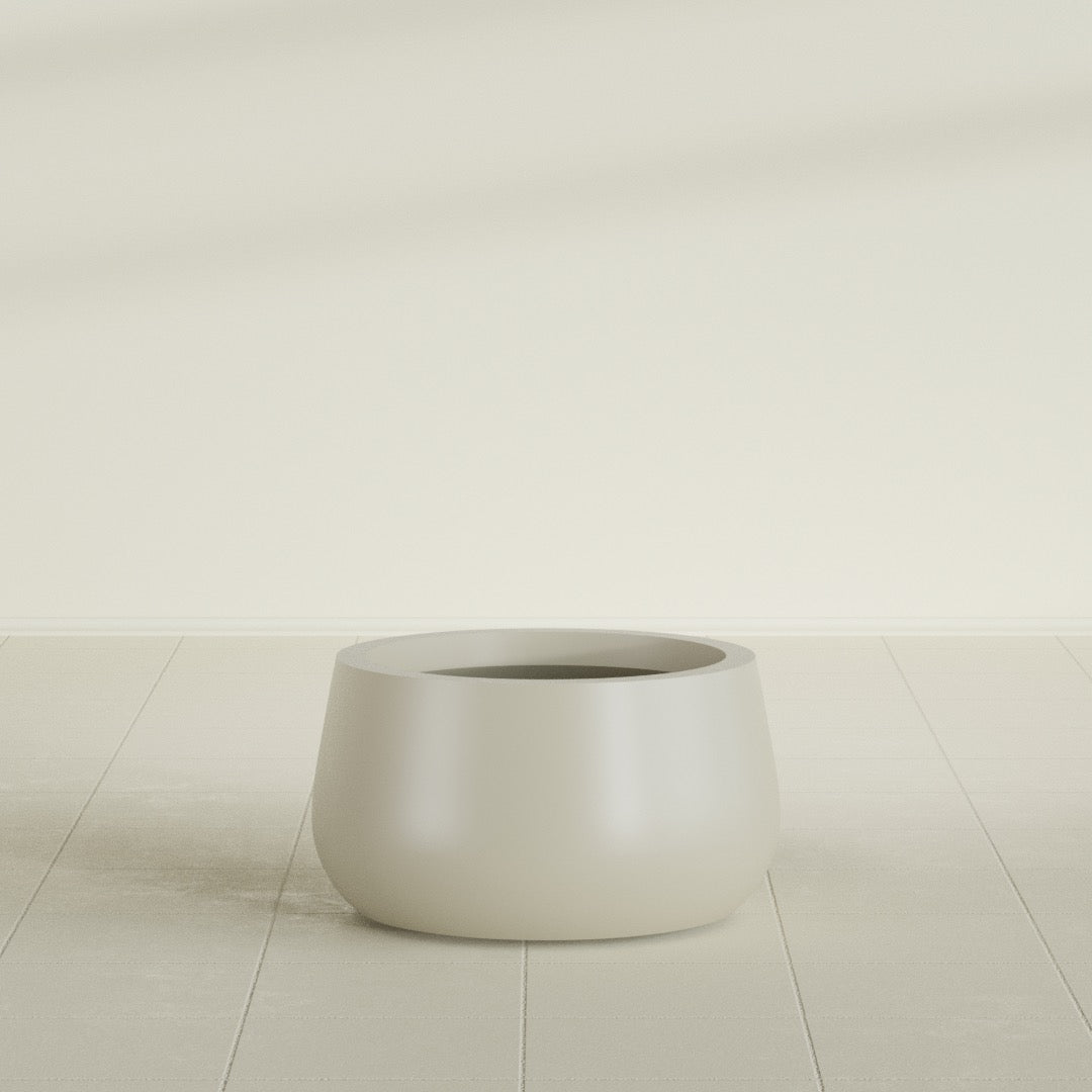 Short Hayden Bowl Planter in Satin Beige, 16"D × 8"H, shown empty