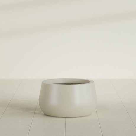 Short Hayden Bowl Planter in Satin Beige, 16"D × 8"H, shown empty