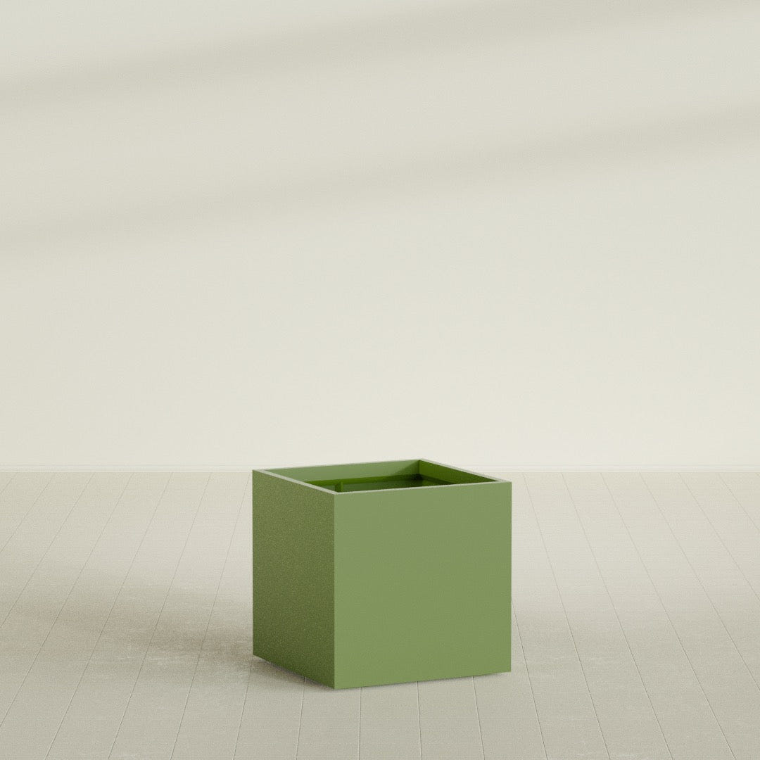 Montroy Cube Planter in Satin Green, 32", shown empty