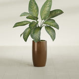 Lisbon Tall Round fiberglass planter in Metallic Bronze, shown planted, in a sunlit interior