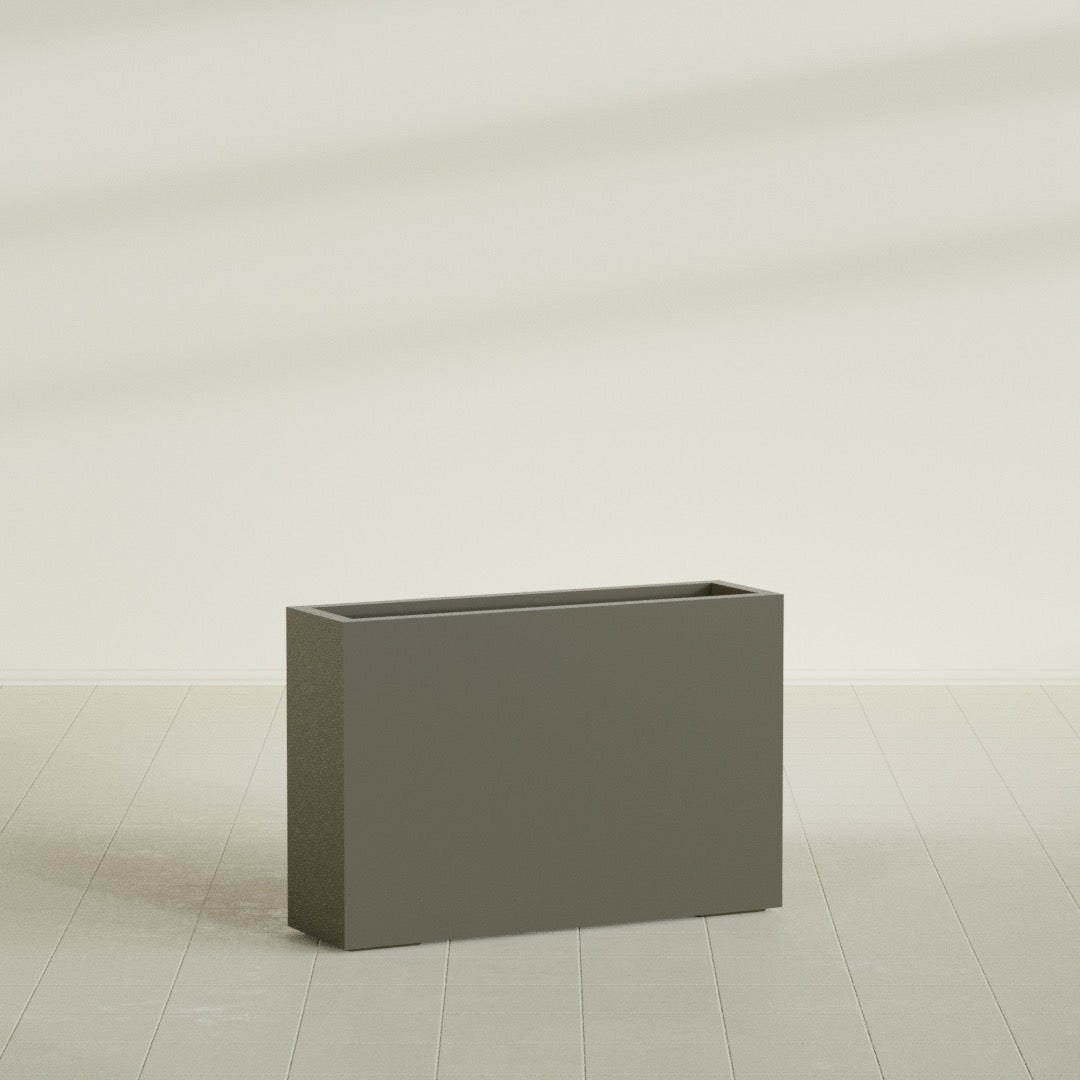 Milano Narrow Rectangular Planter in Matte Bronze, 36"L × 10"D × 24"H, shown empty