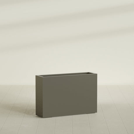 Milano Narrow Rectangular Planter in Matte Bronze, 36"L × 10"D × 24"H, shown empty
