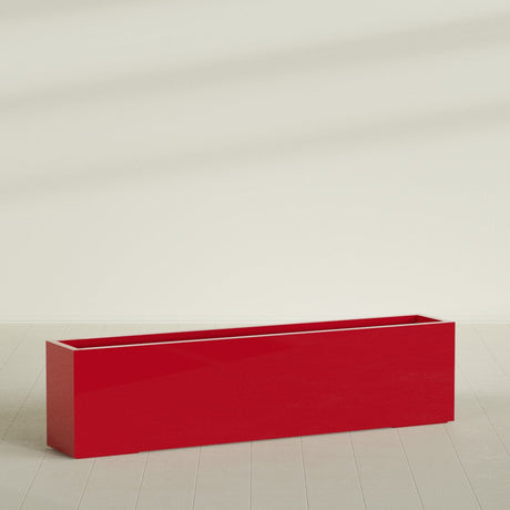 Miami Narrow Rectangular Planter in Gloss Red, 72"L × 12"D × 18"H, shown empty