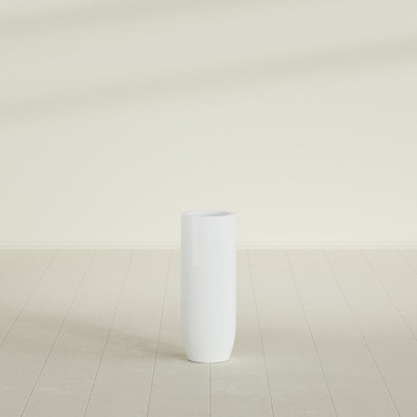 Saint Tropez Bullet Round Planter in Matte Bright White, 12"D × 32"H, shown empty