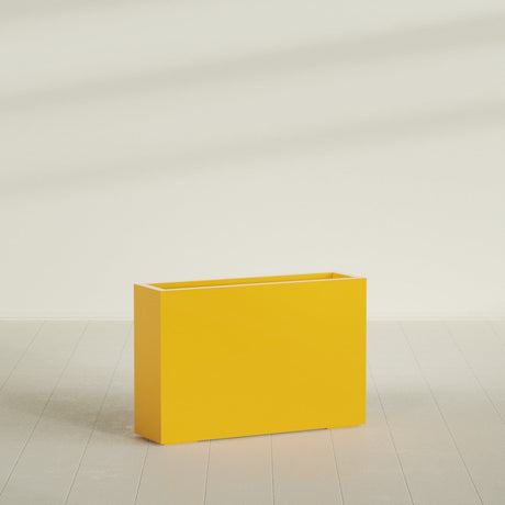 Milano Narrow Rectangular Planter in Gloss Saffron, 36"L × 10"D × 24"H, shown empty
