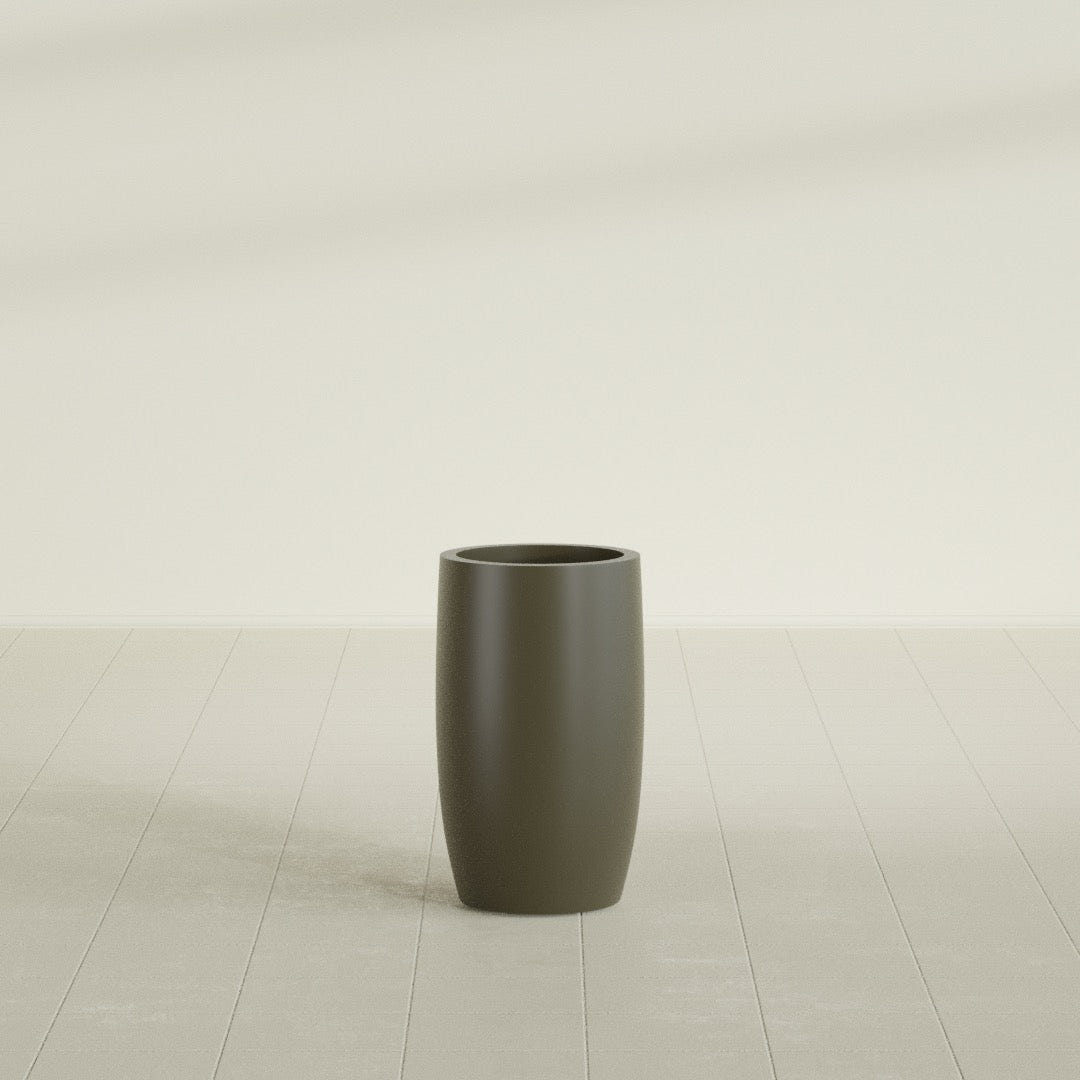 Lisbon tall round tapered fiberglass planter in Matte Bronze, 14 in diameter, 25 in high, shown empty