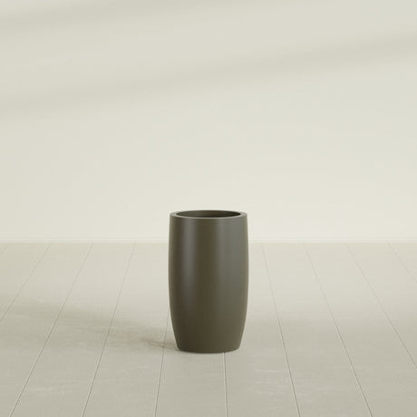 Lisbon tall round tapered fiberglass planter in Matte Bronze, 14 in diameter, 25 in high, shown empty