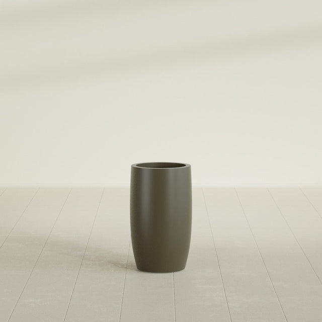 Lisbon tall round tapered fiberglass planter in Matte Bronze, 14 in diameter, 25 in high, shown empty