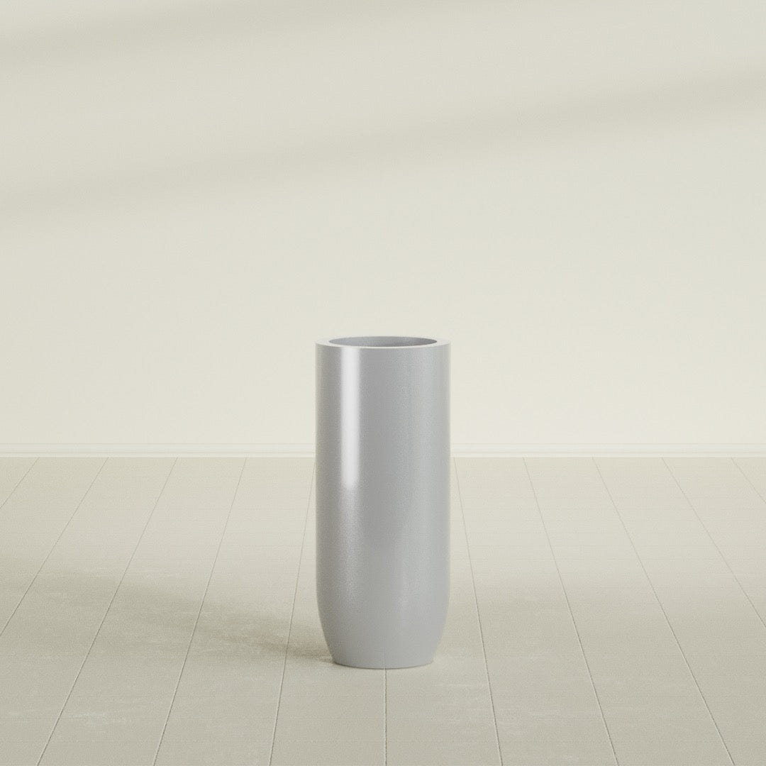 Saint Tropez Bullet Round Planter in Metallic Silver, 16"D × 38"H, shown empty