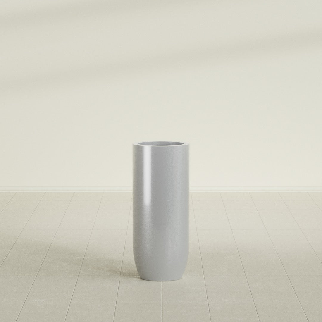 Saint Tropez Bullet Round Planter in Metallic Silver, 16"D × 38"H, shown empty
