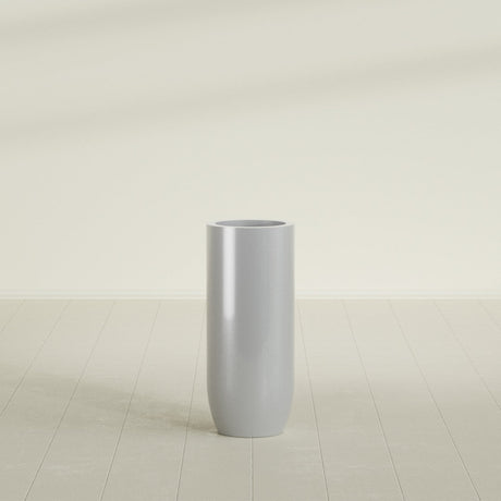 Saint Tropez Bullet Round Planter in Metallic Silver, 16"D × 38"H, shown empty