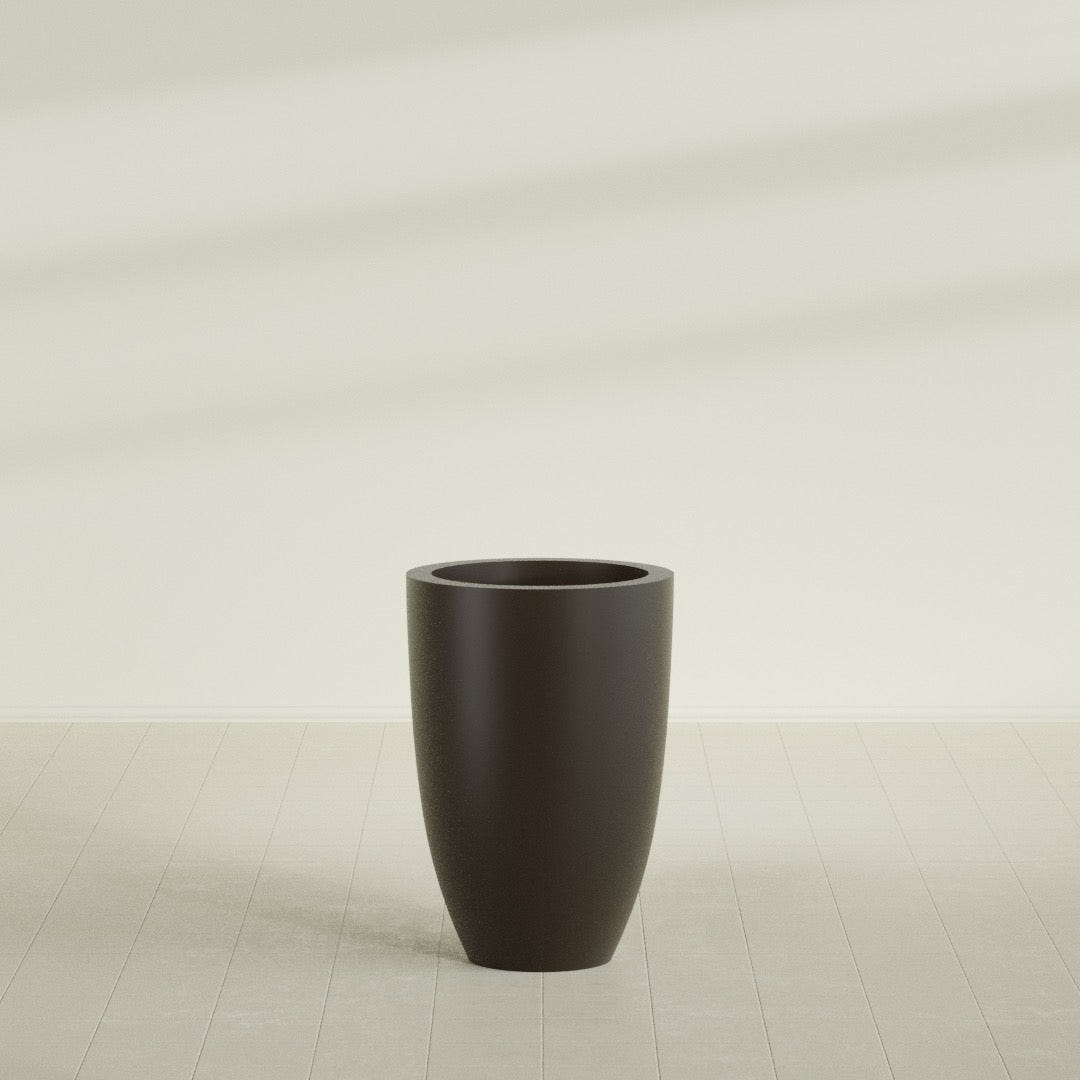 Brannan Tapered Round Planter in Matte Dark Brown, 24"D × 35"H, shown empty