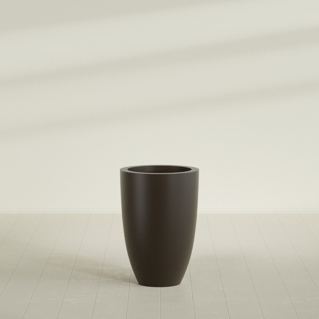 Brannan Tapered Round Planter in Matte Dark Brown, 24"D × 35"H, shown empty