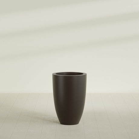 Brannan Tapered Round Planter in Matte Dark Brown, 24"D × 35"H, shown empty