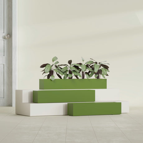 Salon Box fiberglass planter in Satin Green, size range, in a sunlit interior