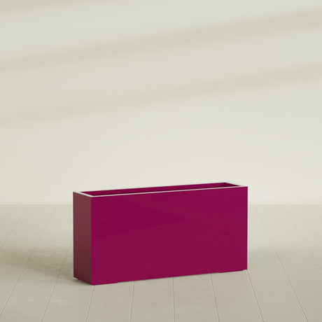Hollywood Narrow Rectangular Planter in Gloss Eggplant, 48"L × 12"D × 24"H, shown empty