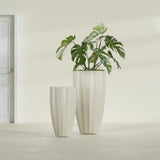 San Jose Tall Fluted fiberglass planter in Satin Beige, size range, in a sunlit interior