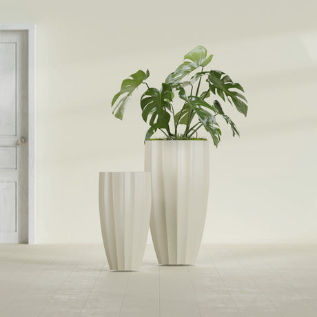 San Jose Tall Fluted fiberglass planter in Satin Beige, size range, in a sunlit interior