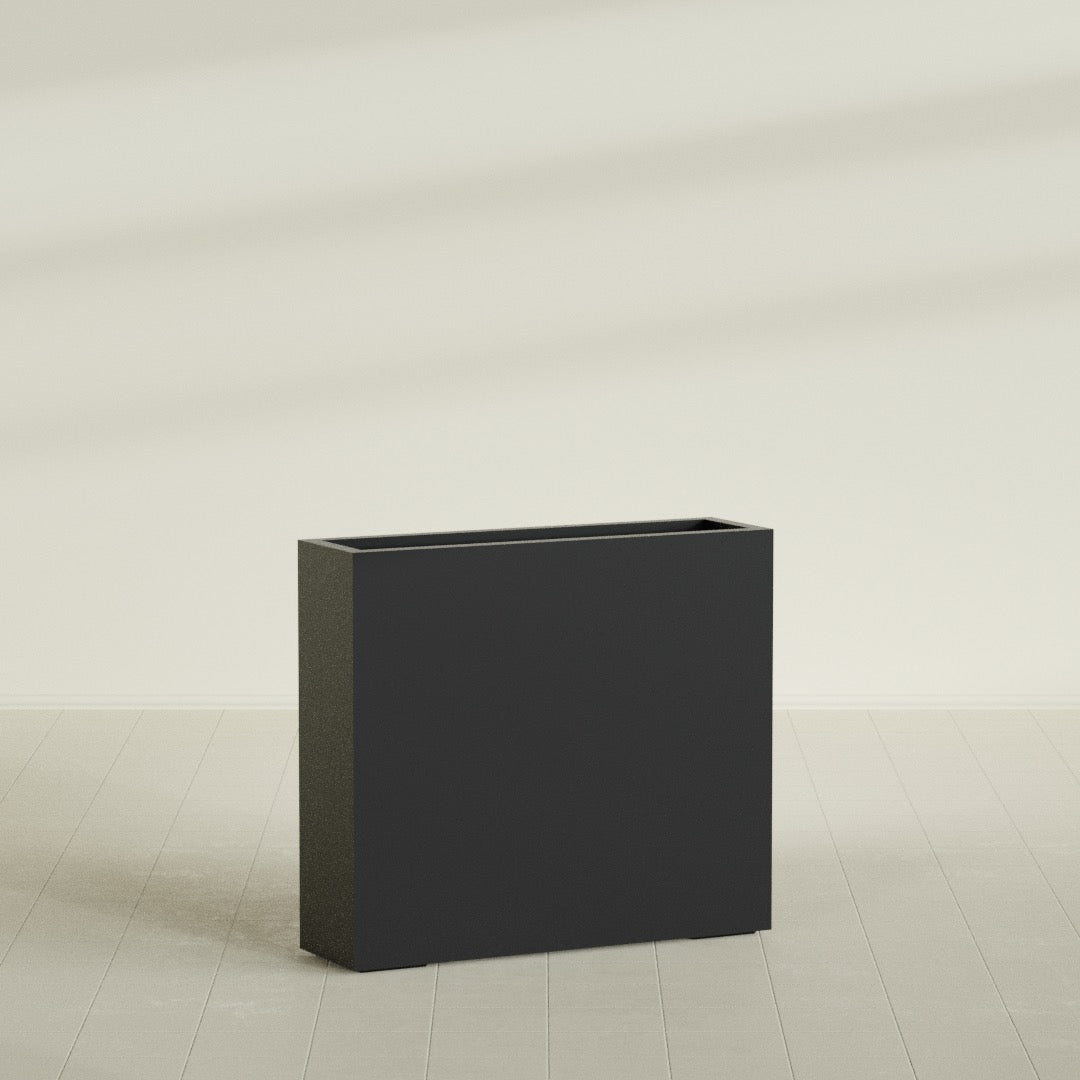 Amesbury Narrow Rectangular Planter in Matte Black, 36"L × 10"D × 32"H, shown empty