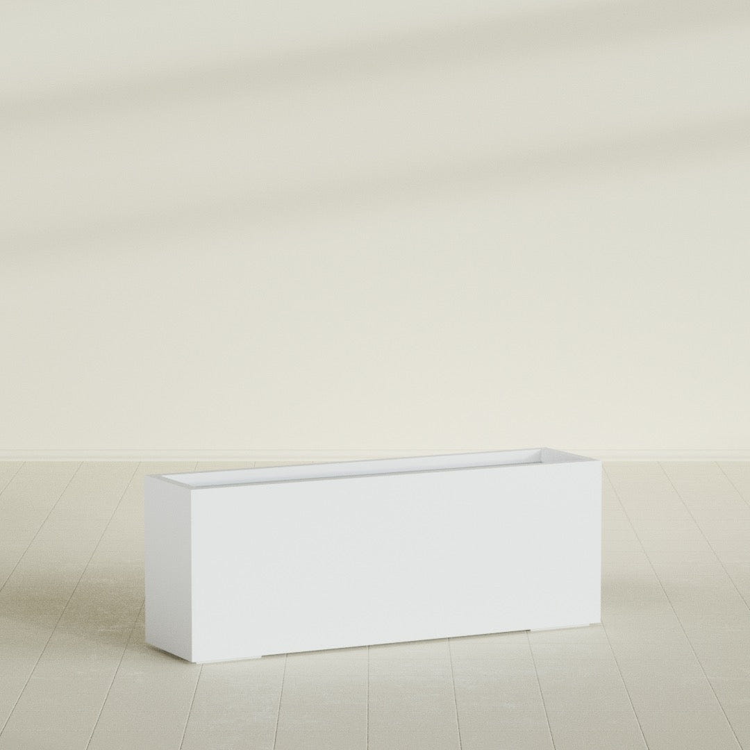 Miami Narrow Rectangular Planter in Gloss Bright White, 48"L × 12"D × 18"H, shown empty