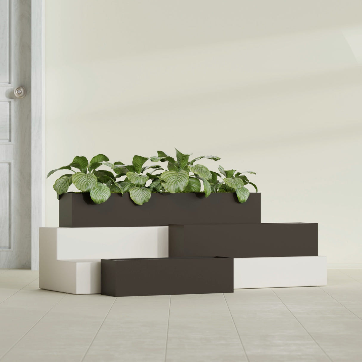 Monaco Rectangle fiberglass planter in Matte Dark Brown, shown planted, in a sunlit interior