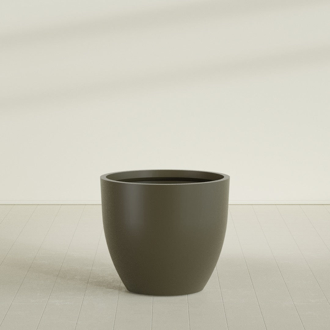 Wannsee Round Planter in Matte Bronze, 44"D × 39"H, shown empty