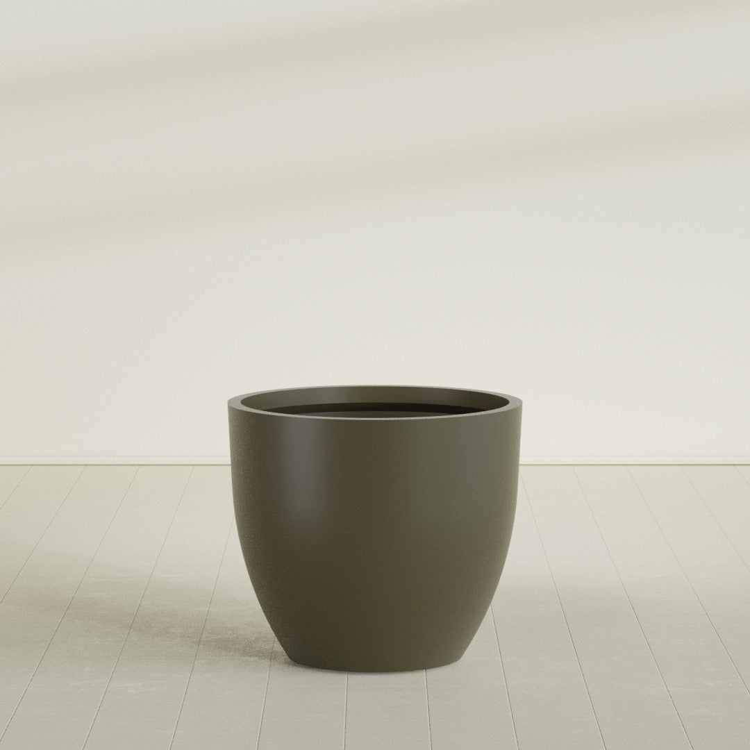 Wannsee Round Planter in Matte Bronze, 44"D × 39"H, shown empty