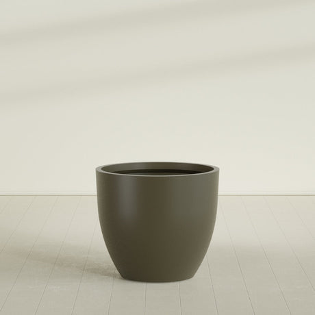 Wannsee Round Planter in Matte Bronze, 44"D × 39"H, shown empty