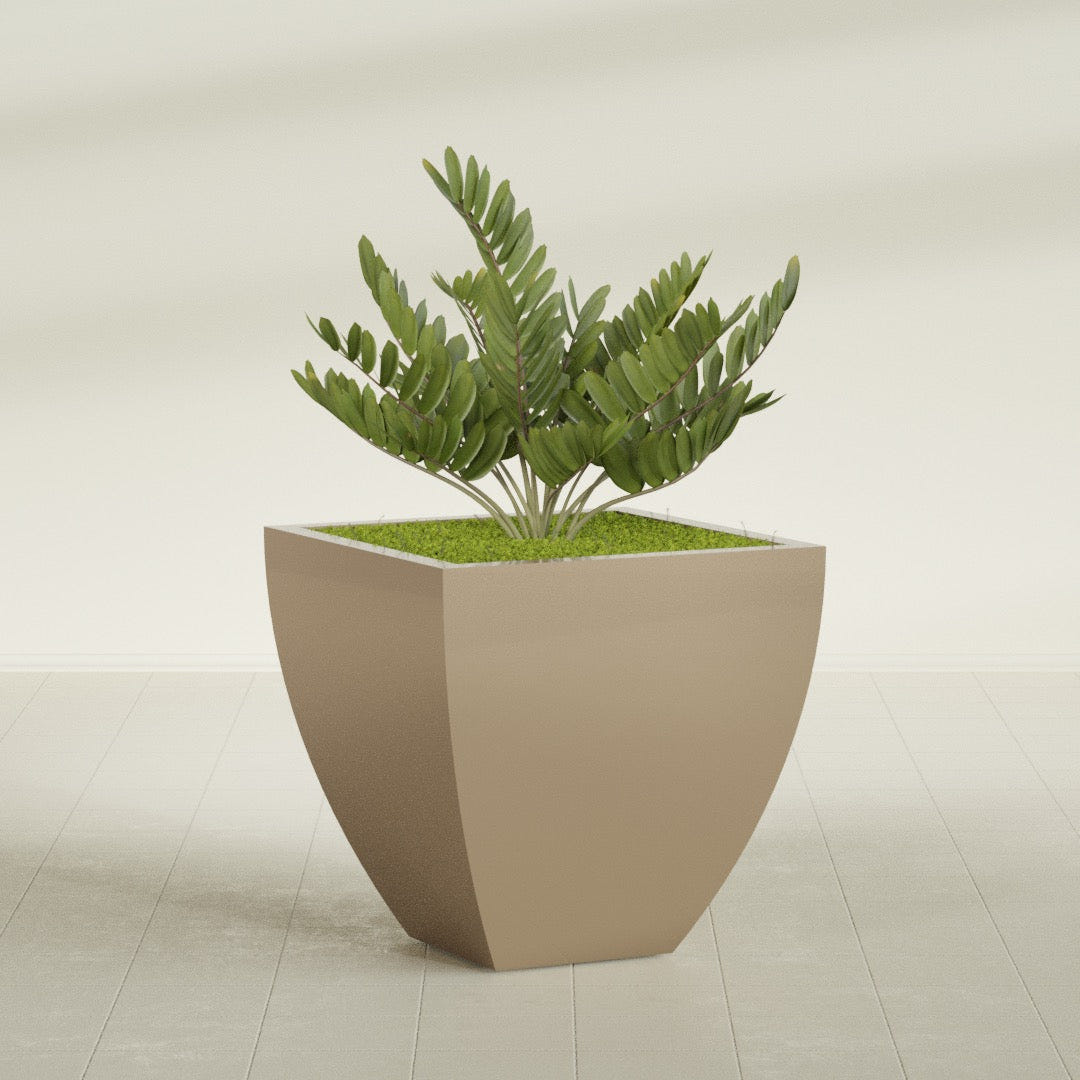 Lima Tapered Square fiberglass planter in Gloss Metallic Gold, planted, in a sunlit interior
