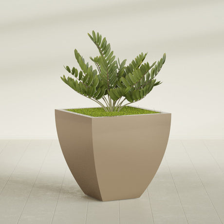 Lima Tapered Square fiberglass planter in Gloss Metallic Gold, planted, in a sunlit interior