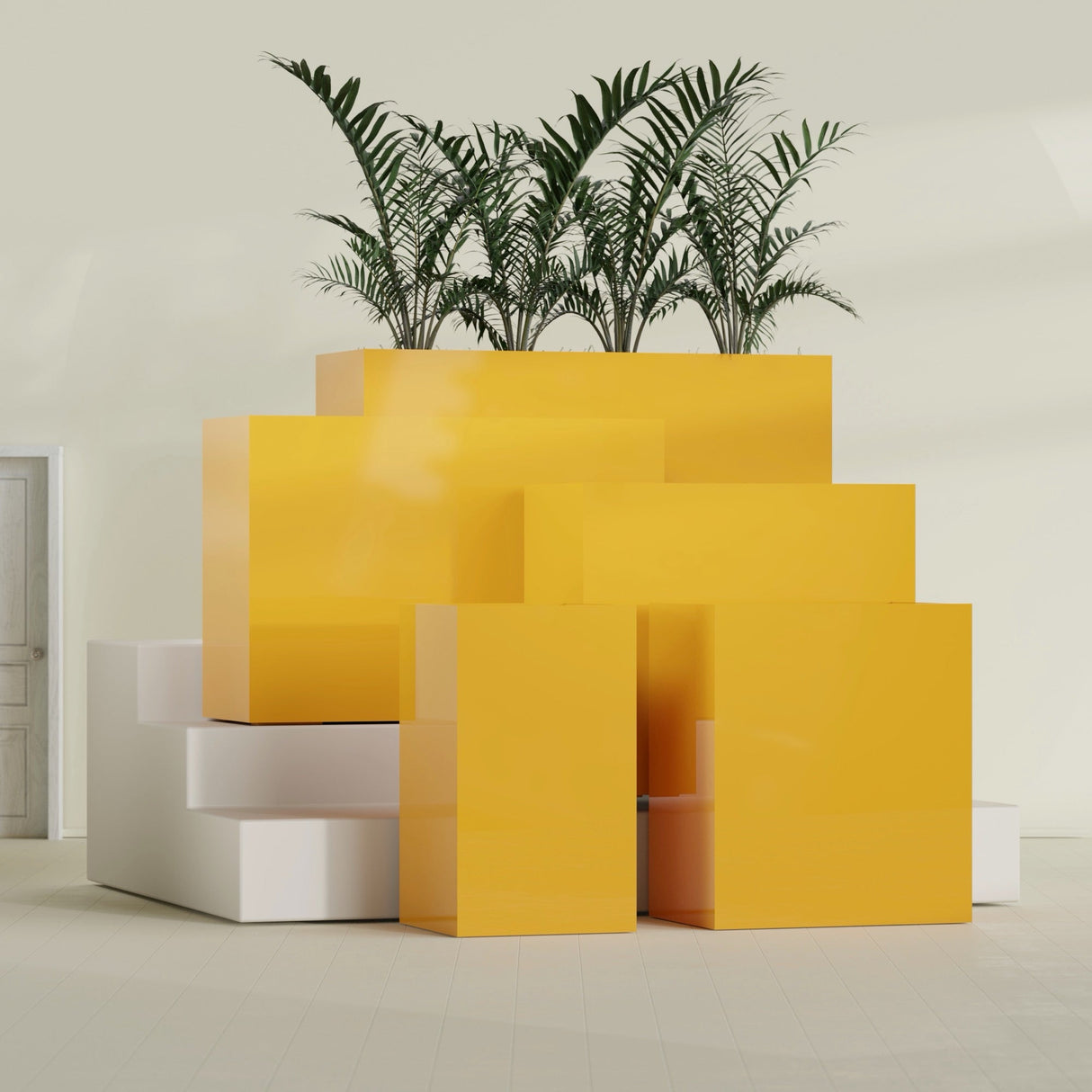 Darwin Corner fiberglass planter in Gloss Saffron, size range, in a sunlit interior