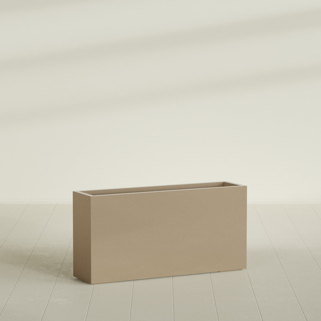 Hollywood Narrow Rectangular Planter in Gloss Metallic Gold, 48"L × 12"D × 24"H, shown empty