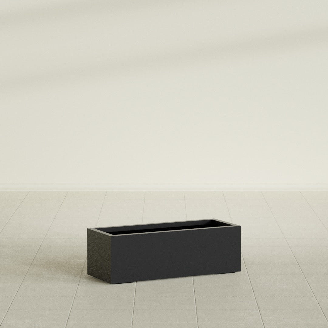 Cuba Low Rectangular Planter in Matte Black, 36"L × 14"D × 12"H, shown empty